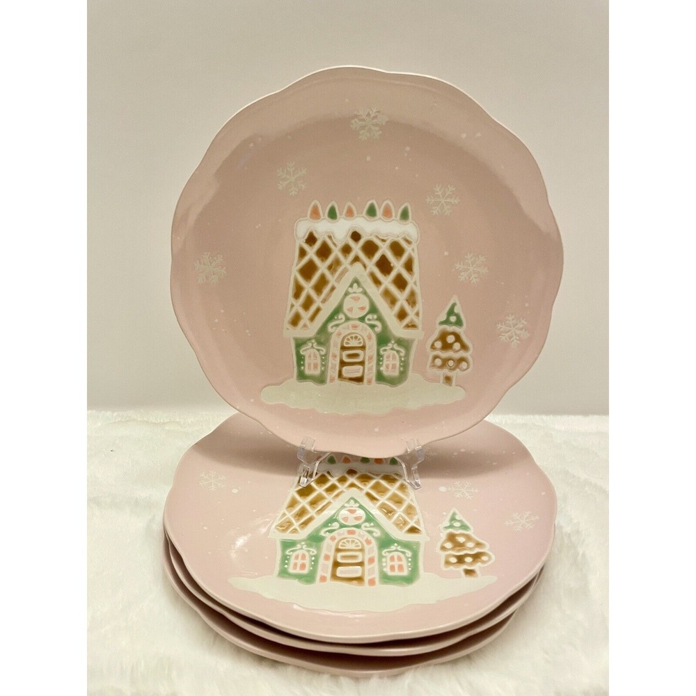 SPECTRUM Set of 4 Pink Gingerbread House Candy Coated HOLIDAY‎ Dinner Plates